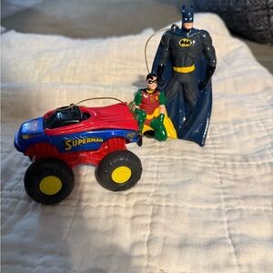 Superman Monster Truck and Batman & Robin Christmas ornaments.